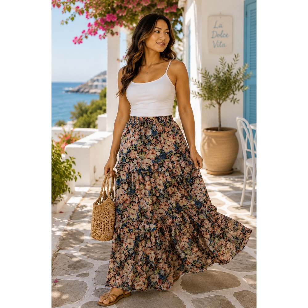 Anthropologie M Floral Tiered Smocked Maxi Cupro Ruffle Boho Fairy Cottagecore